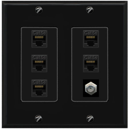 RiteAV 5 Port Cat5e Ethernet and 1 x Coax Wall Plate - 2 Gang [Black/Black]
