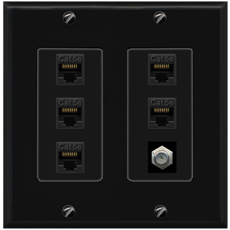 RiteAV 5 Port Cat5e Ethernet and 1 x Coax Wall Plate - 2 Gang [Black/Black]