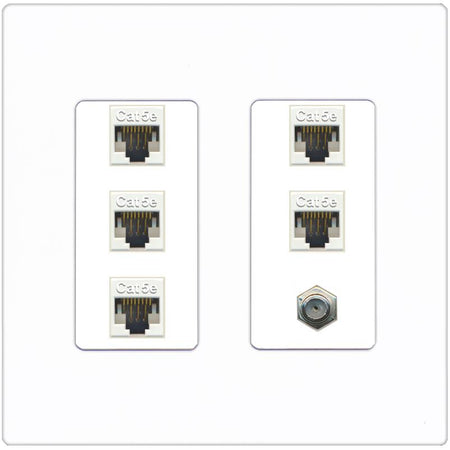 RiteAV 5 Port Cat5e Ethernet and 1 x Coax Wall Plate - 2 Gang [Screwless White]