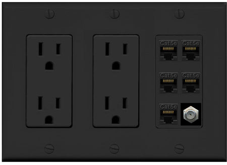 RiteAV 5 Port Cat5e Ethernet and 1 x Coax Wall Plate - 2 Outlet [Black/Black]