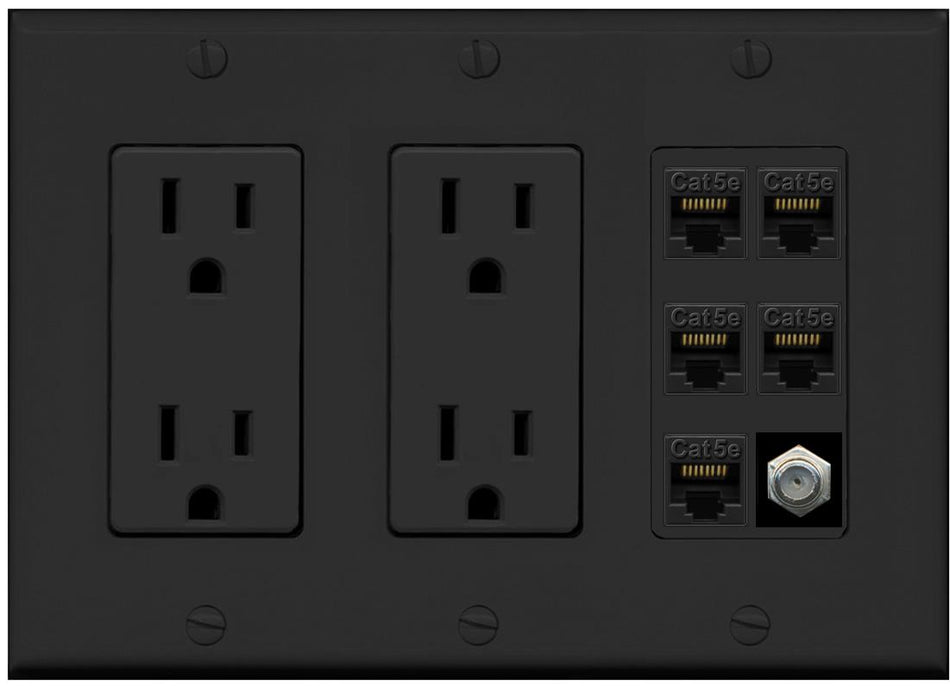 RiteAV 5 Port Cat5e Ethernet and 1 x Coax Wall Plate - 2 Outlet [Black/Black]