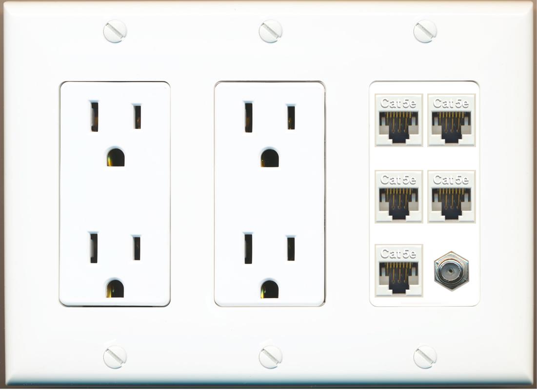 RiteAV 5 Port Cat5e Ethernet and 1 x Coax Wall Plate - 2 Outlet [White]