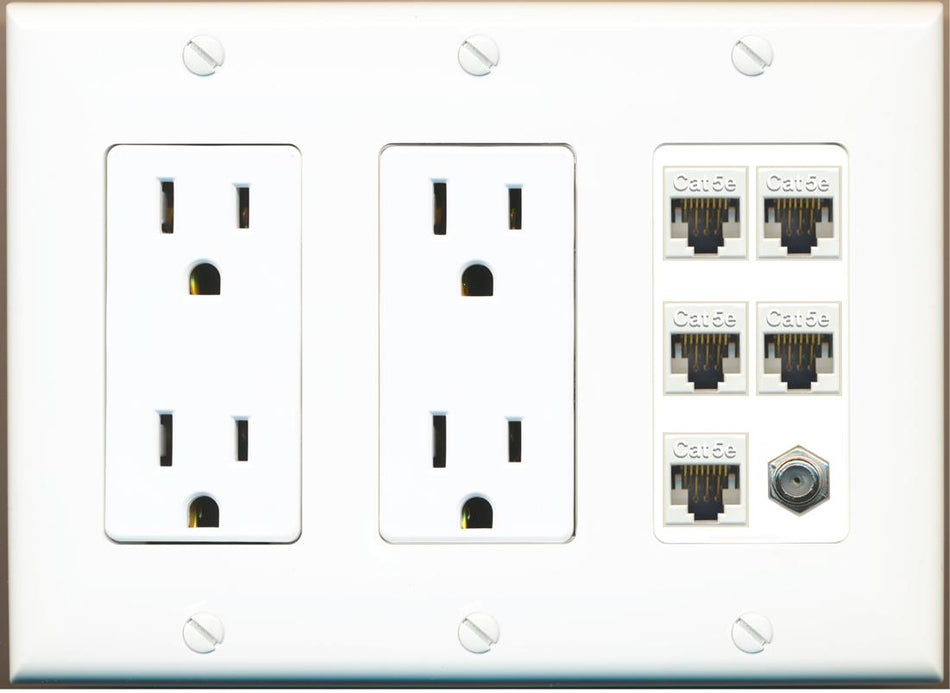 RiteAV 5 Port Cat5e Ethernet and 1 x Coax Wall Plate - 2 Outlet [White]