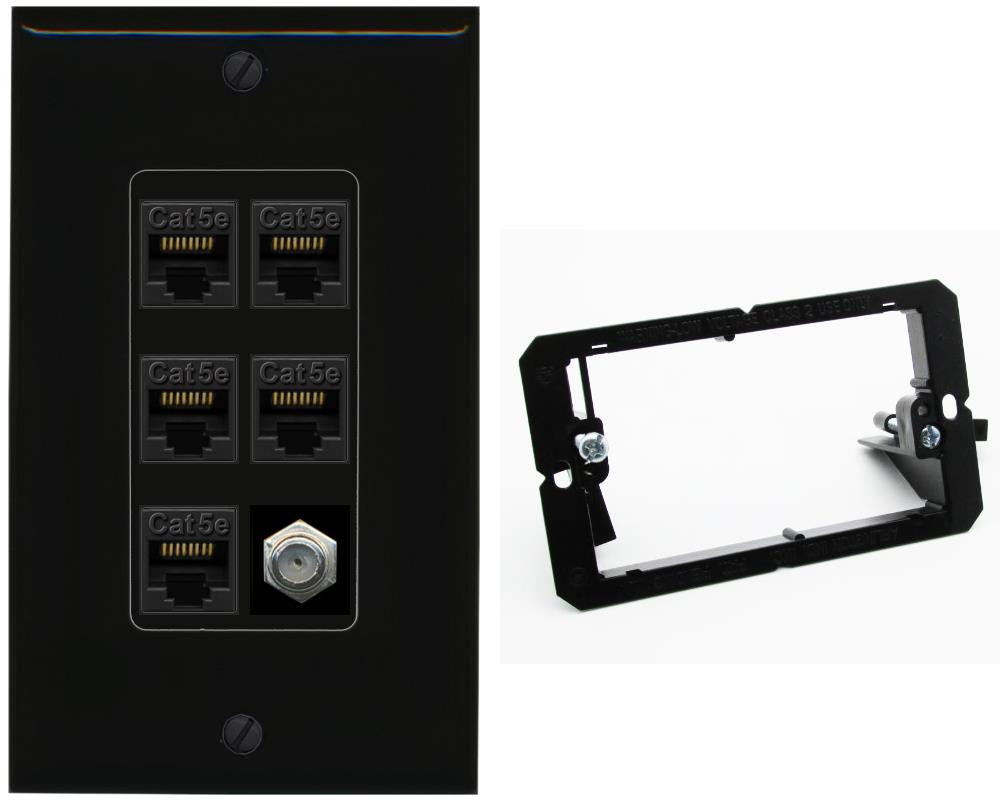 RiteAV 5 Port Cat5e Ethernet and 1 x Coax Wall Plate - Bracket [Black/Black]