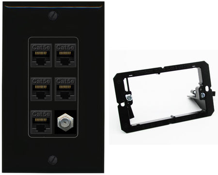 RiteAV 5 Port Cat5e Ethernet and 1 x Coax Wall Plate - Bracket [Black/Black]