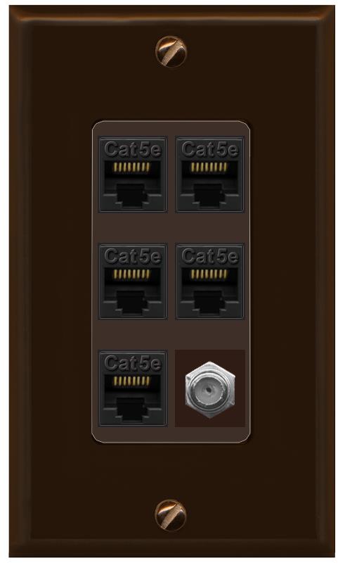 RiteAV 5 Port Cat5e Ethernet and 1 x Coax Wall Plate - 1 Gang [Brown/Brown]