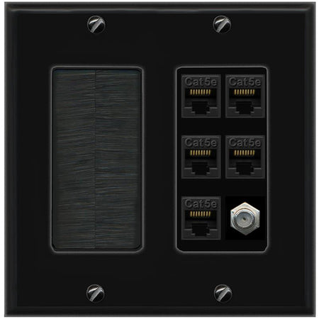 RiteAV 5 Port Cat5e Ethernet and 1 x Coax Wall Plate - Brush [Black/Black]