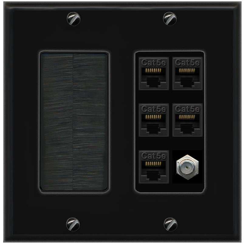 RiteAV 5 Port Cat5e Ethernet and 1 x Coax Wall Plate - Brush [Black/Black]