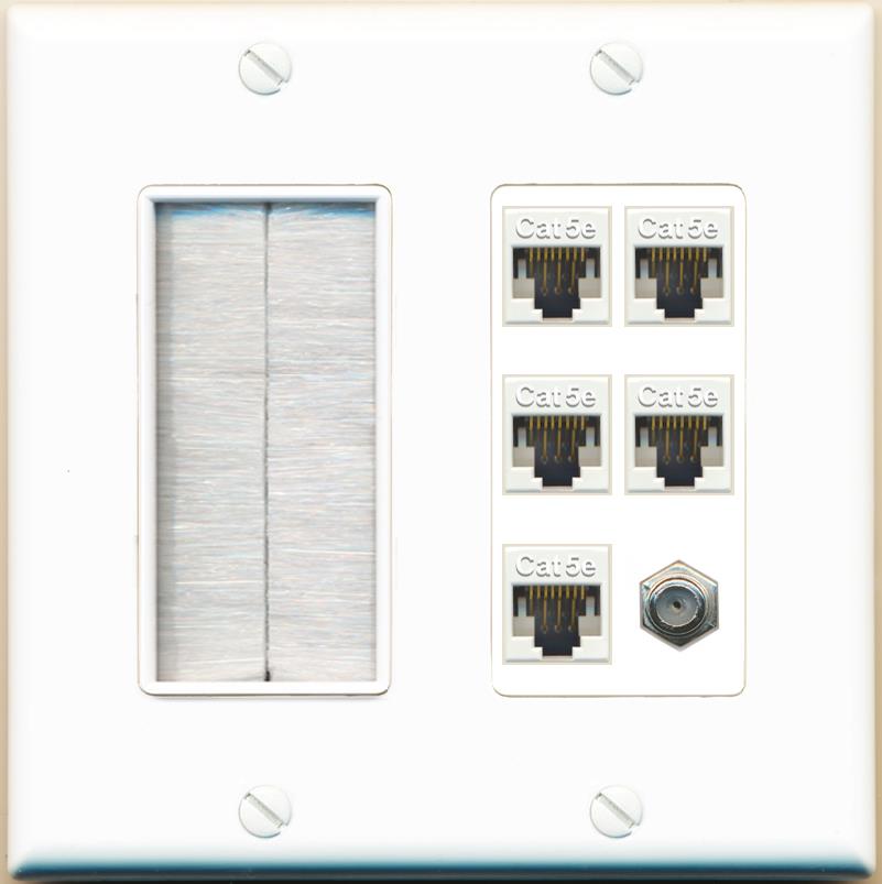 RiteAV 5 Port Cat5e Ethernet and 1 x Coax Wall Plate - Brush [White]