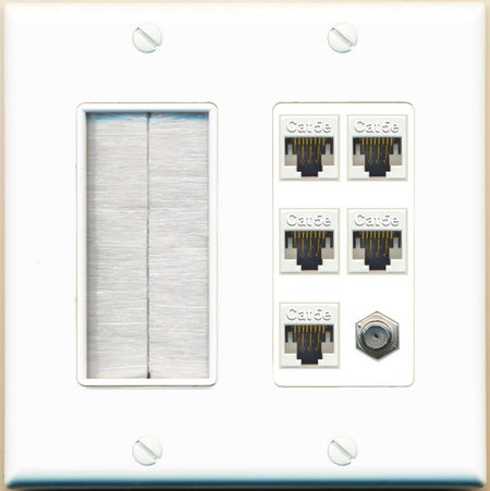 RiteAV 5 Port Cat5e Ethernet and 1 x Coax Wall Plate - Brush [White]