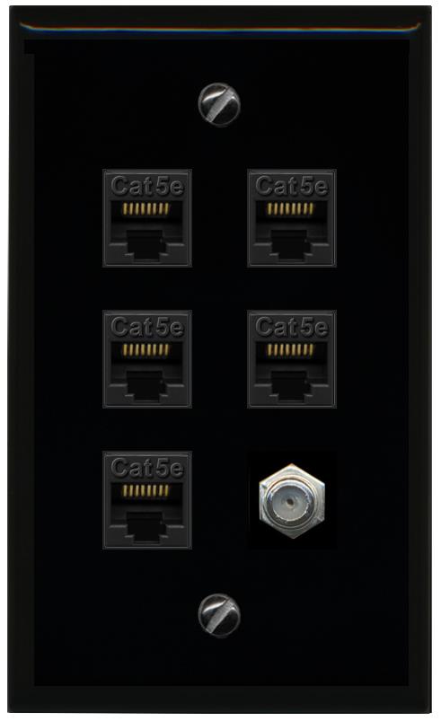 RiteAV 5 Port Cat5e Ethernet and 1 x Coax Wall Plate - Flat [Black/Black]