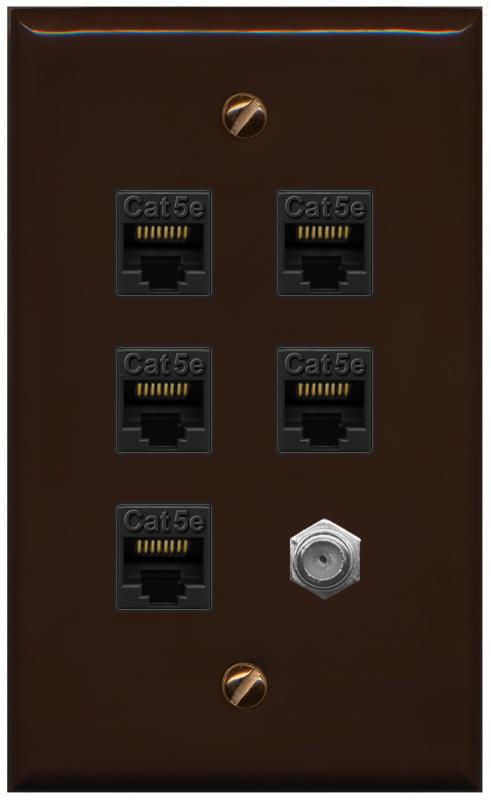 RiteAV 5 Port Cat5e Ethernet and 1 x Coax Wall Plate - Flat [Brown/Brown]