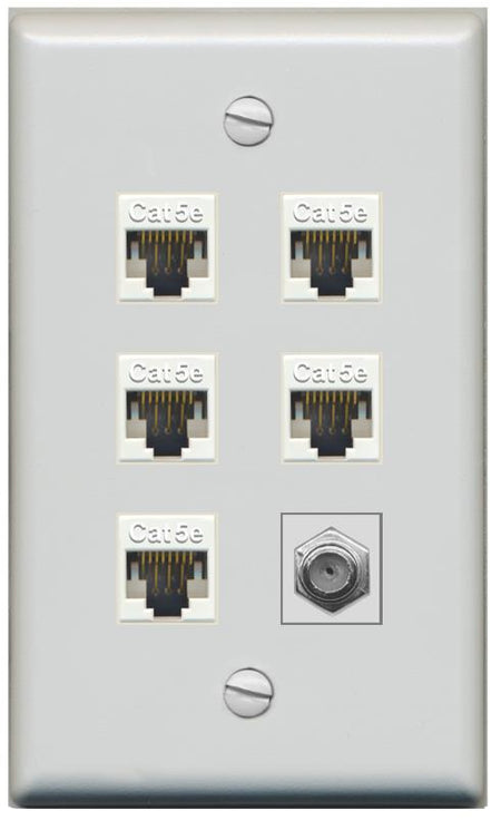 RiteAV 5 Port Cat5e Ethernet and 1 x Coax Wall Plate - Flat [Gray/Gray]