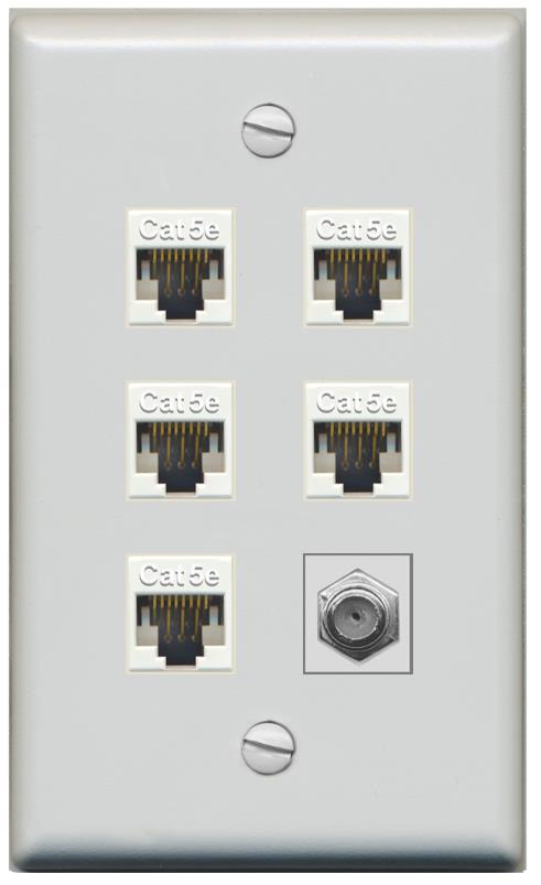 RiteAV 5 Port Cat5e Ethernet and 1 x Coax Wall Plate - Flat [Gray/Gray]