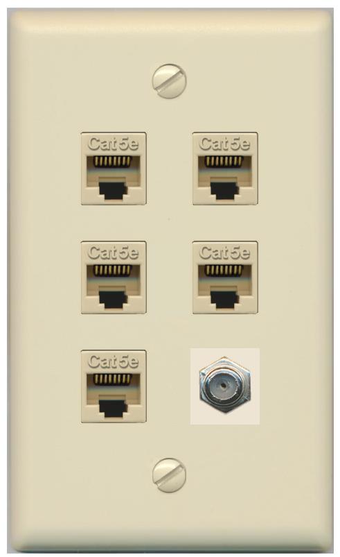 RiteAV 5 Port Cat5e Ethernet and 1 x Coax Wall Plate - Flat [Ivory/Ivory]