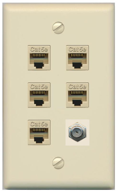 RiteAV 5 Port Cat5e Ethernet and 1 x Coax Wall Plate - Flat [Ivory/Ivory]
