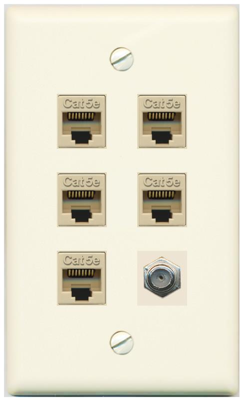 RiteAV 5 Port Cat5e Ethernet and 1 x Coax Wall Plate - Flat [Light-Almond]