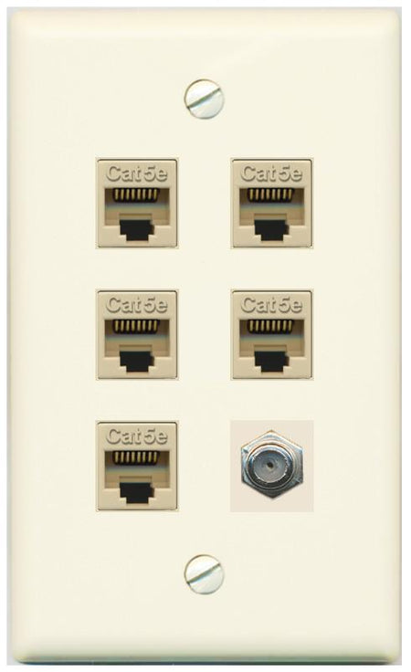 RiteAV 5 Port Cat5e Ethernet and 1 x Coax Wall Plate - Flat [Light-Almond]