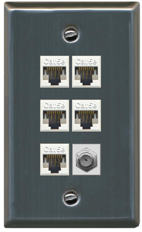 RiteAV 5 Port Cat5e Ethernet and 1 x Coax Wall Plate - Flat [Stainless Steel]