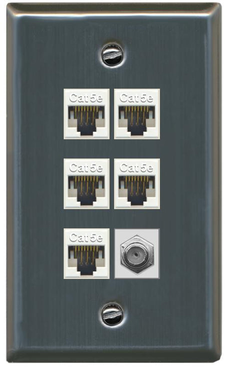RiteAV 5 Port Cat5e Ethernet and 1 x Coax Wall Plate - Flat [Stainless Steel]