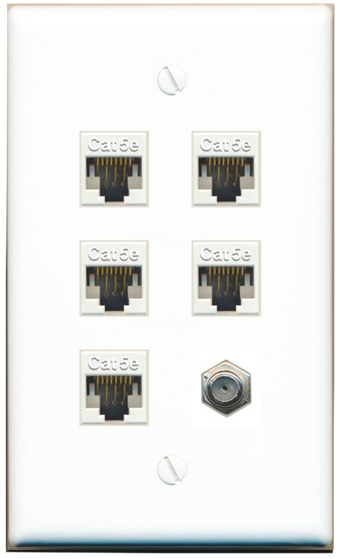 RiteAV 5 Port Cat5e Ethernet and 1 x Coax Wall Plate - Flat [White]