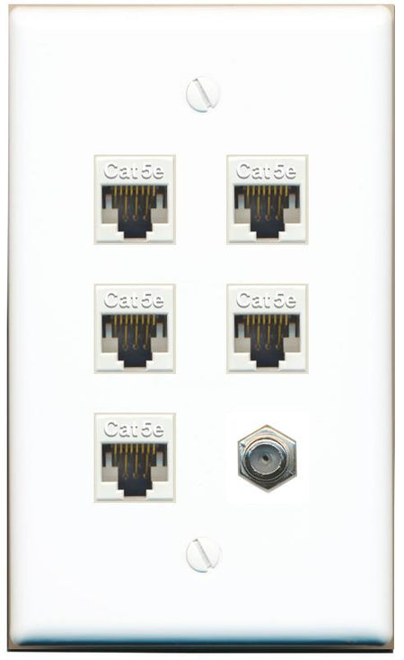 RiteAV 5 Port Cat5e Ethernet and 1 x Coax Wall Plate - Flat [White]