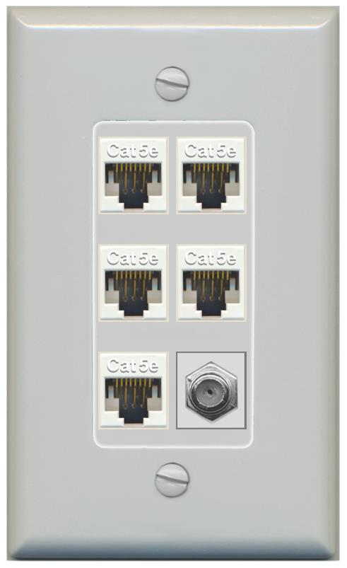 RiteAV 5 Port Cat5e Ethernet and 1 x Coax Wall Plate - 1 Gang [Gray/Gray]