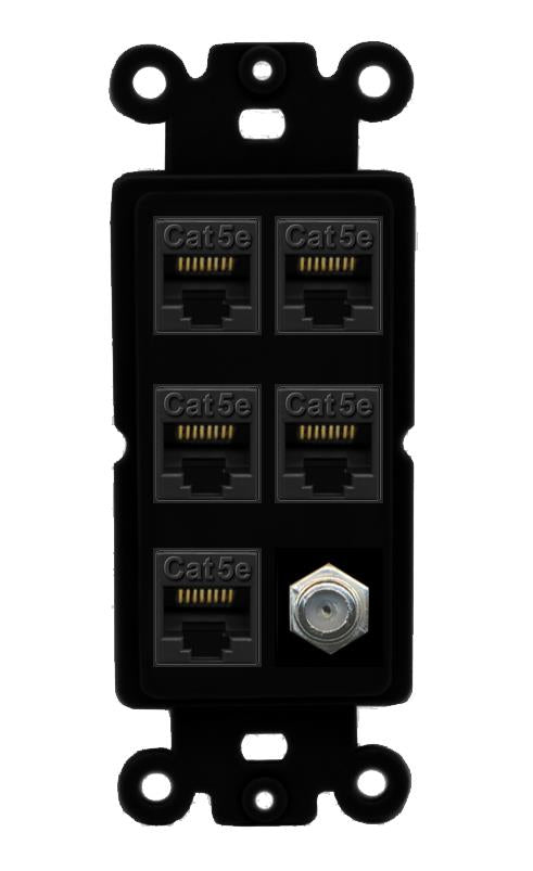 RiteAV 5 Port Cat5e Ethernet and 1 x Coax Wall Plate - Rocker [Black/Black]