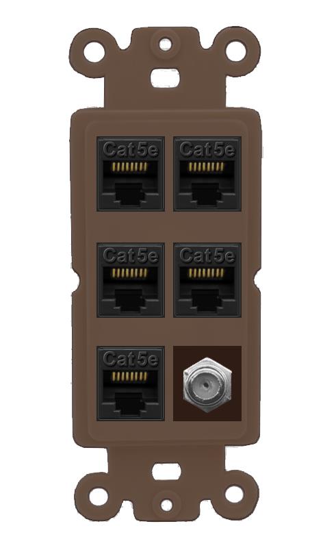 RiteAV 5 Port Cat5e Ethernet and 1 x Coax Wall Plate - Rocker [Brown/Brown]