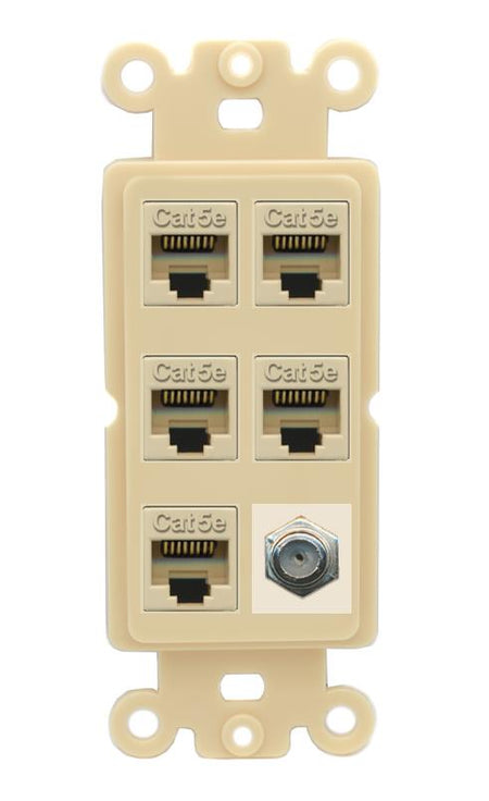 RiteAV 5 Port Cat5e Ethernet and 1 x Coax Wall Plate - Rocker [Ivory/Ivory]