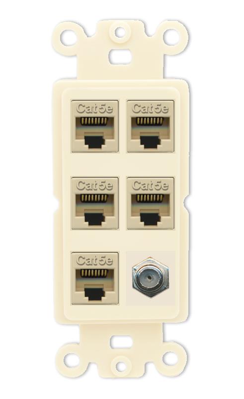 RiteAV 5 Port Cat5e Ethernet and 1 x Coax Wall Plate - Rocker [Light-Almond]