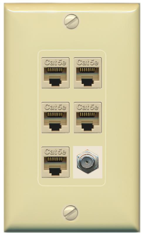 RiteAV 5 Port Cat5e Ethernet and 1 x Coax Wall Plate - 1 Gang [Ivory/Ivory]