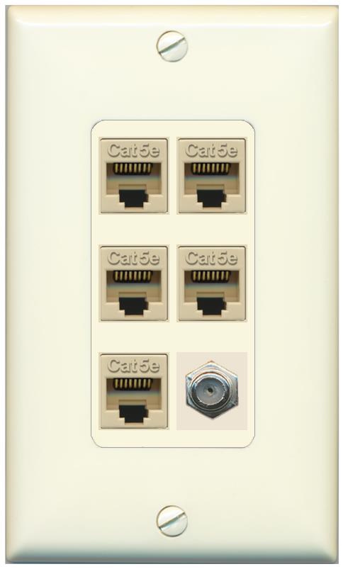 RiteAV 5 Port Cat5e Ethernet and 1 x Coax Wall Plate - 1 Gang [Light-Almond]