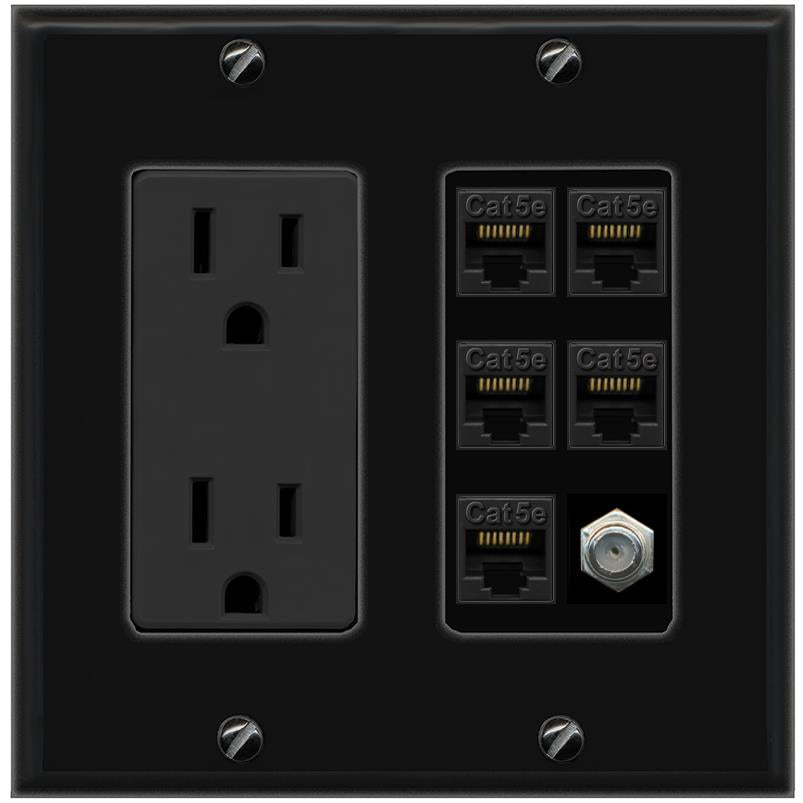 RiteAV 5 Port Cat5e Ethernet and 1 x Coax Wall Plate - Outlet [Black/Black]