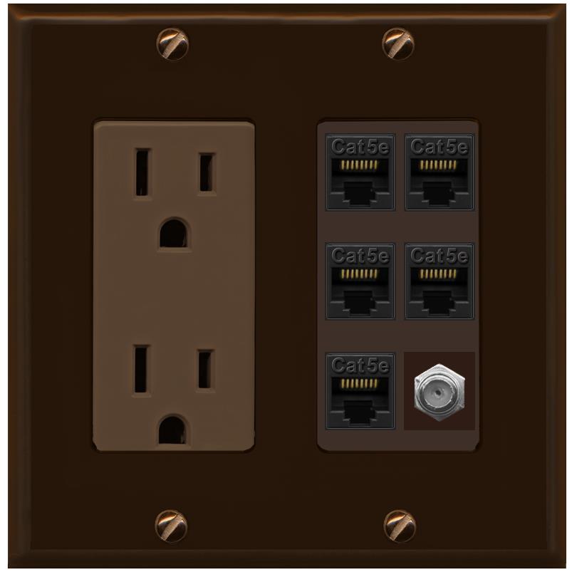 RiteAV 5 Port Cat5e Ethernet and 1 x Coax Wall Plate - Outlet [Brown/Brown]