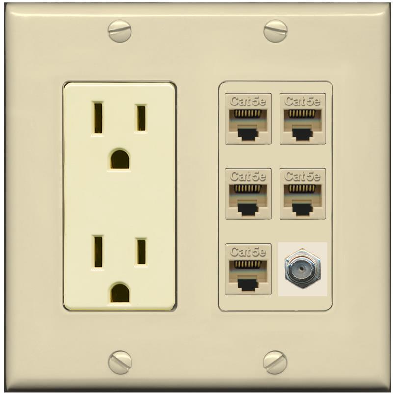 RiteAV 5 Port Cat5e Ethernet and 1 x Coax Wall Plate - Outlet [Ivory/Ivory]