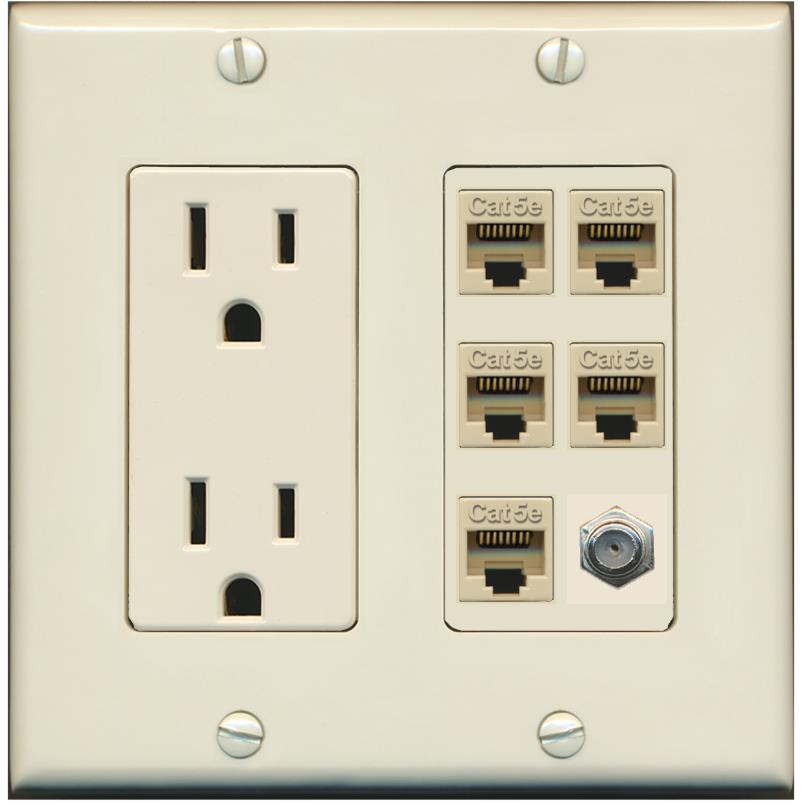 RiteAV 5 Port Cat5e Ethernet and 1 x Coax Wall Plate - Outlet [Light-Almond]