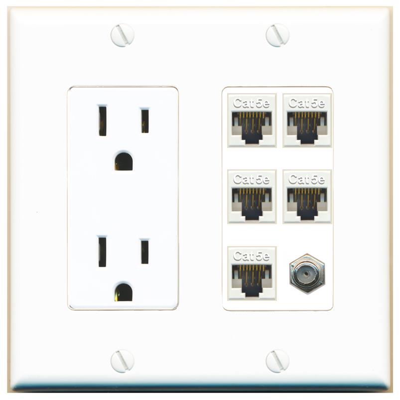 RiteAV 5 Port Cat5e Ethernet and 1 x Coax Wall Plate - Outlet [White]