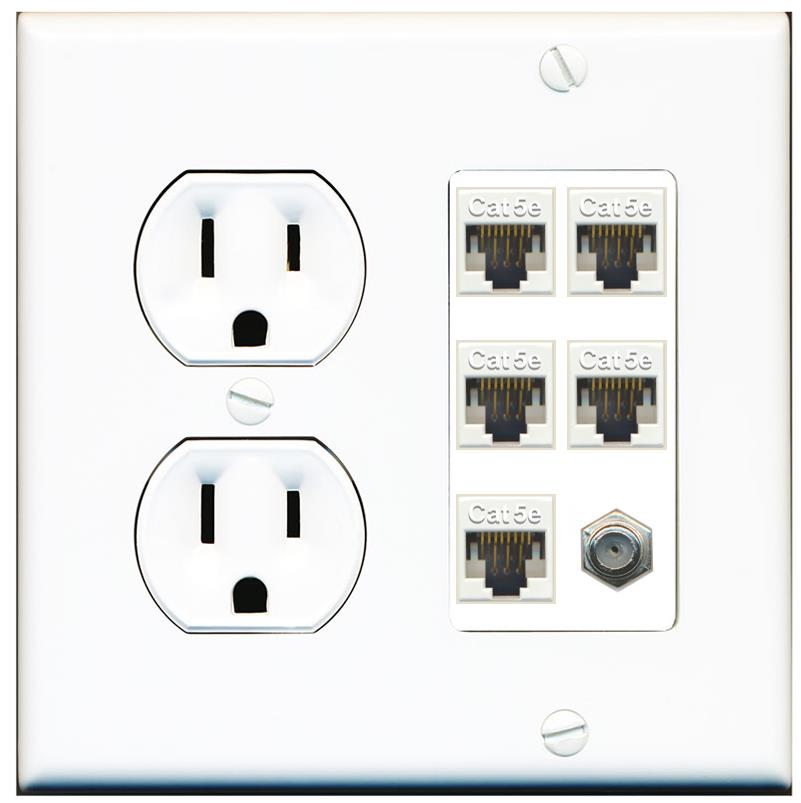 RiteAV 5 Port Cat5e Ethernet and 1 x Coax Wall Plate - Round Outlet [White]