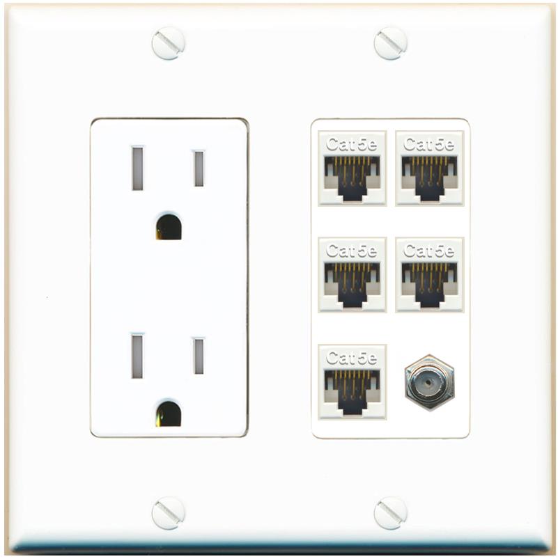 RiteAV 5 Port Cat5e Ethernet and 1 x Coax Wall Plate - Tamper-Res [White]