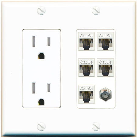 RiteAV 5 Port Cat5e Ethernet and 1 x Coax Wall Plate - Tamper-Res [White]