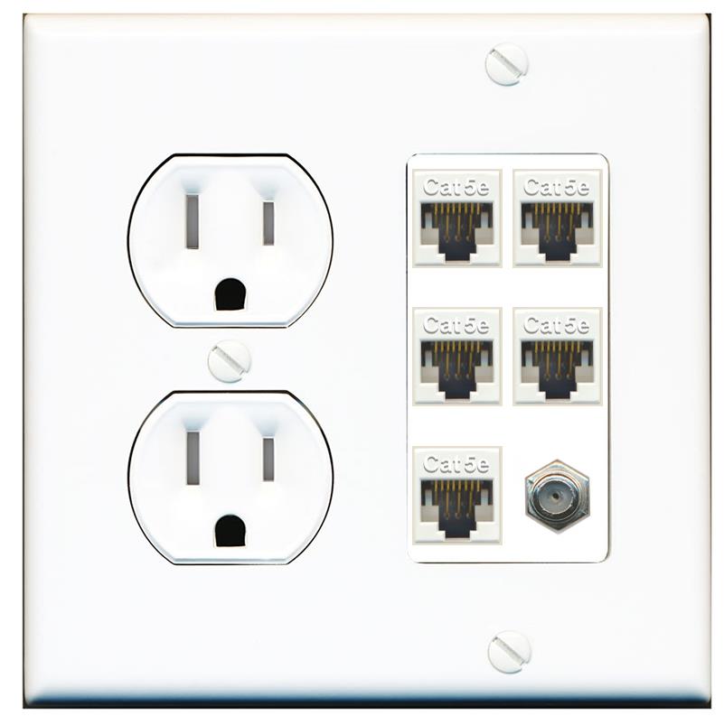 RiteAV 5 Port Cat5e Ethernet and 1 x Coax Wall Plate - Tamper Proof [White]