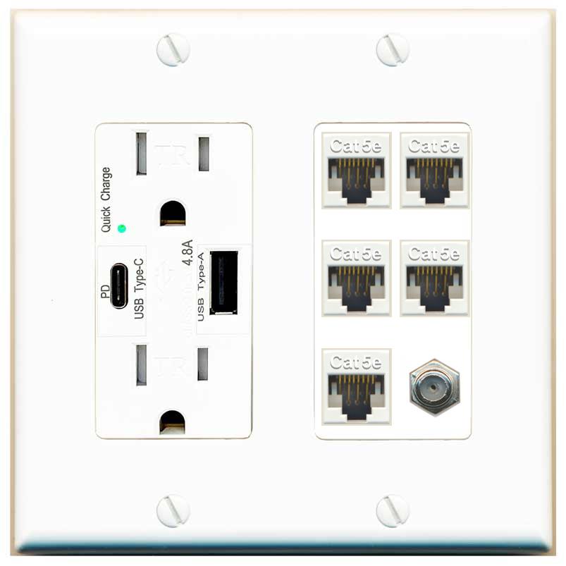 RiteAV 5 Port Cat5e Ethernet and 1 x Coax Wall Plate - USB AC Charger [White]