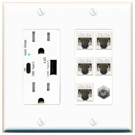 RiteAV 5 Port Cat5e Ethernet and 1 x Coax Wall Plate - USB AC Charger [White]