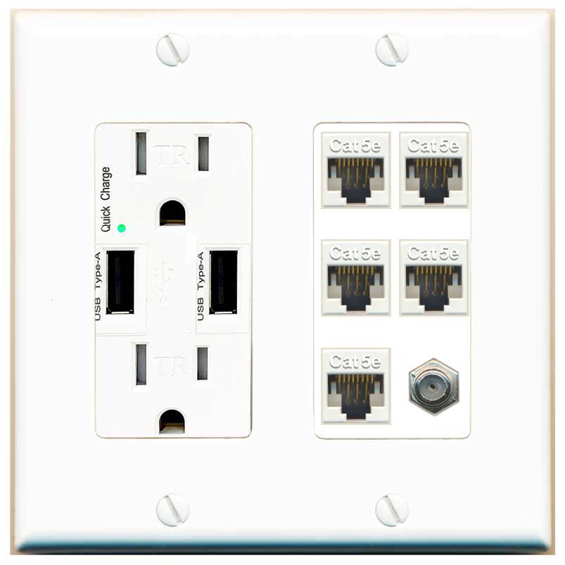 RiteAV 5 Port Cat5e Ethernet and 1 x Coax Wall Plate - USB Charger [White]