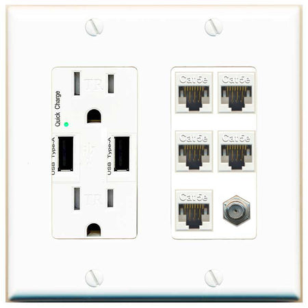 RiteAV 5 Port Cat5e Ethernet and 1 x Coax Wall Plate - USB Charger [White]