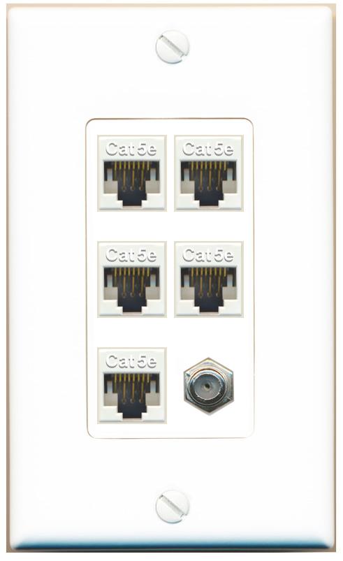 RiteAV 5 Port Cat5e Ethernet and 1 x Coax Wall Plate - 1 Gang [White]