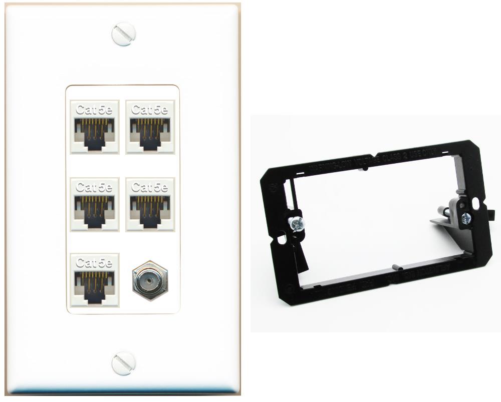 RiteAV 5 Port Cat5e Ethernet and 1 x Coax Wall Plate - Bracket [White]