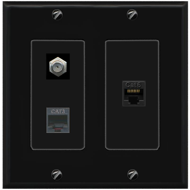 RiteAV 1 Port CAT6 Ethernet COAX PHONE Wall Plate - 2 Gang [Black/Black]