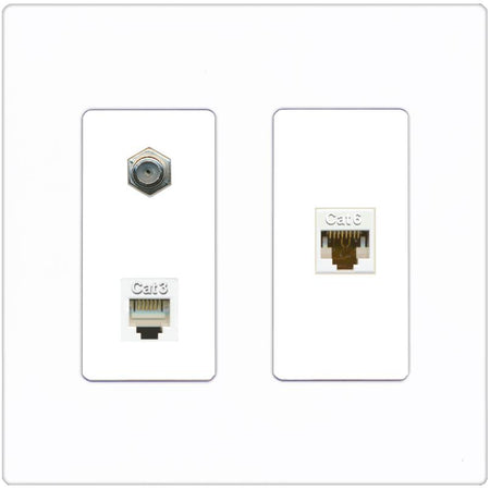 RiteAV 1 Port CAT6 Ethernet COAX PHONE Wall Plate - 2 Gang [Screwless White]